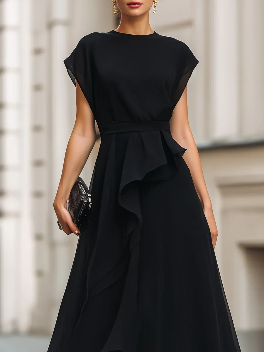 Asymmetric Ruffle High-Low Maxi Dress With Defined Waist
