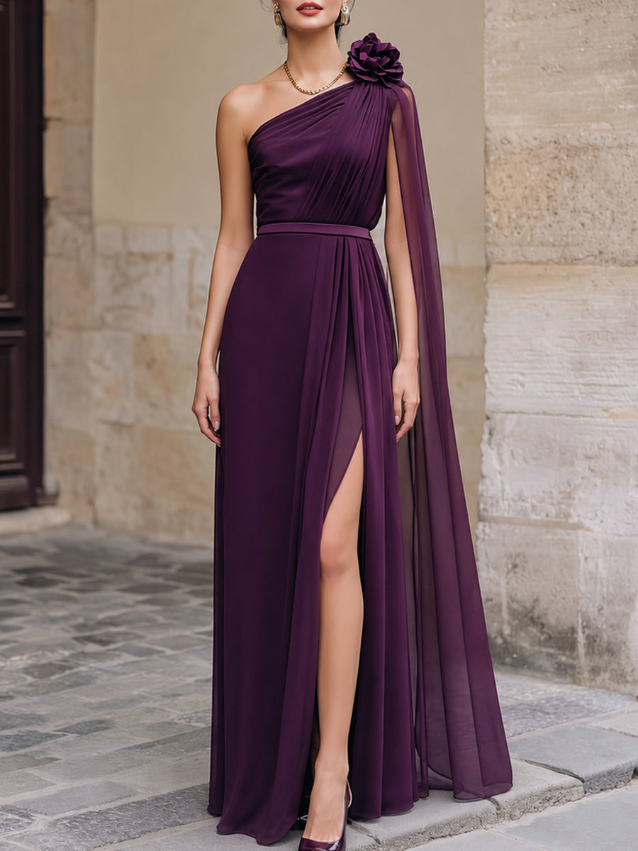 One-Shoulder Floral Detail ChiffonMaxi Dress