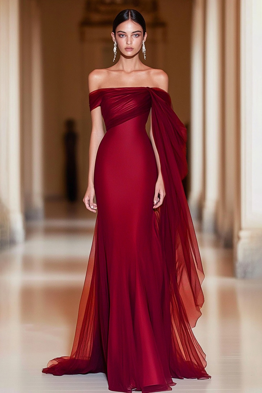 Cabernet Off the Shoulder Sheath Maxi Formal Dress with Ruffles