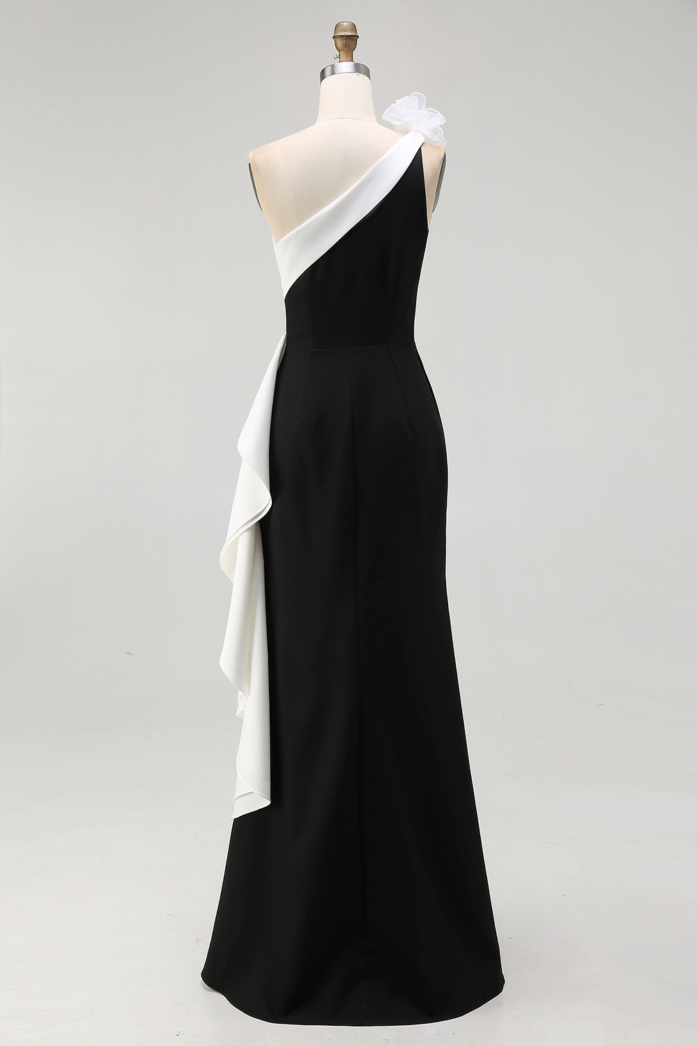 One Shoulder Mermaid Long Black Tie Dress with Ruffles