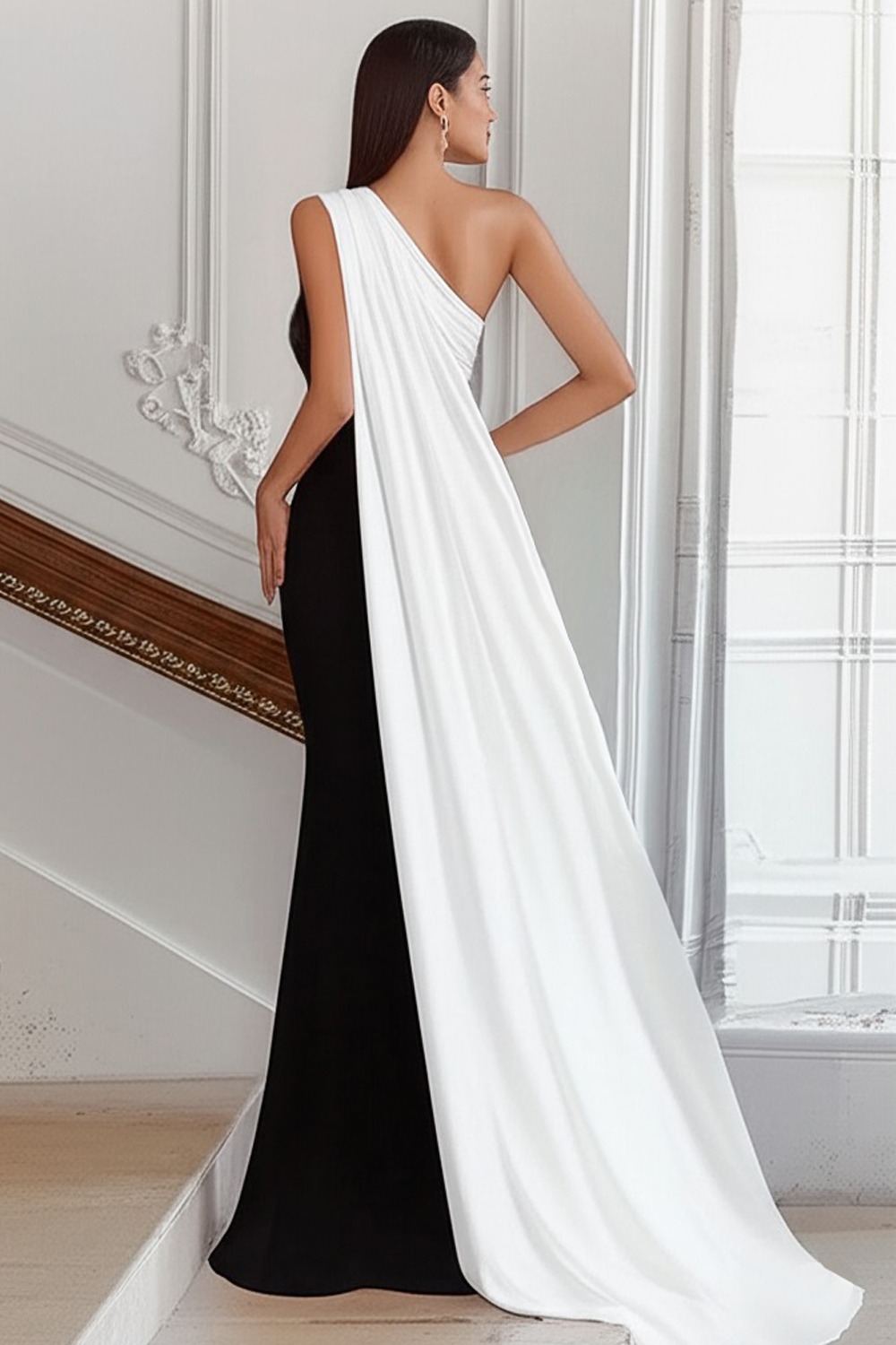 Black White Sheath One Shoulder Maxi Formal Dress with Side Cape