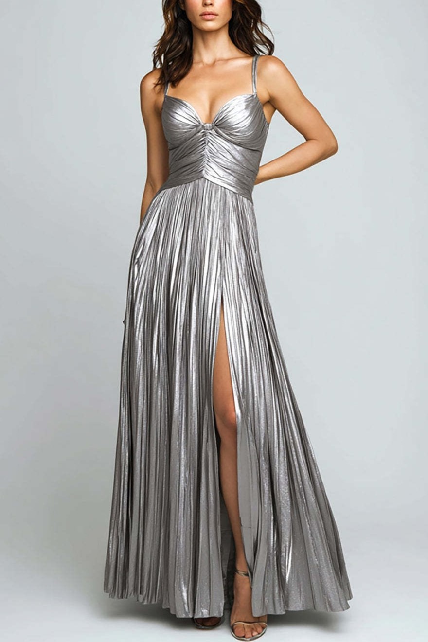 Silver Pleated Metallic Spaghetti Straps Long Formal Dress with Slit