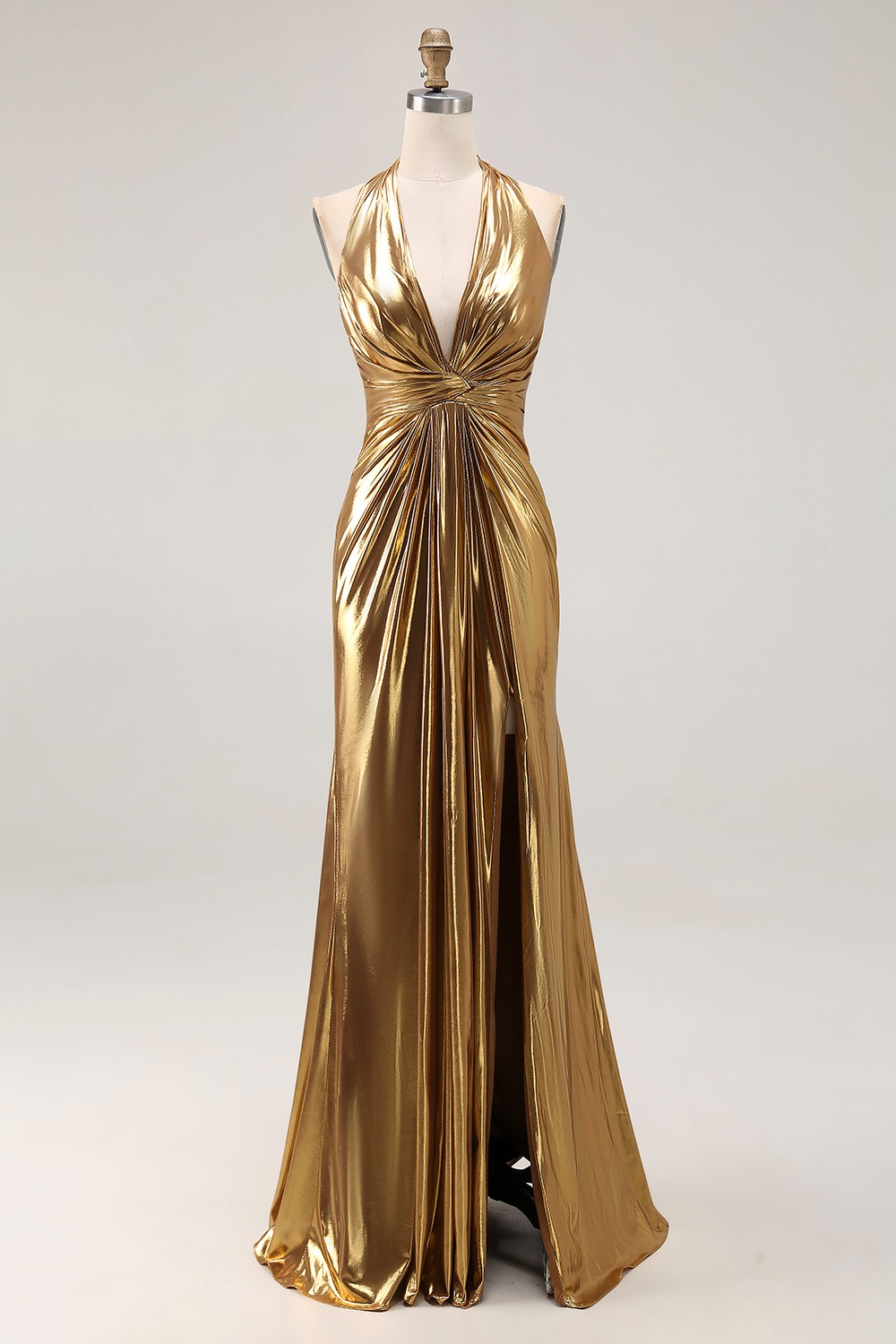 Gold Halter Metallic Ruched Maxi Formal Dress with Slit