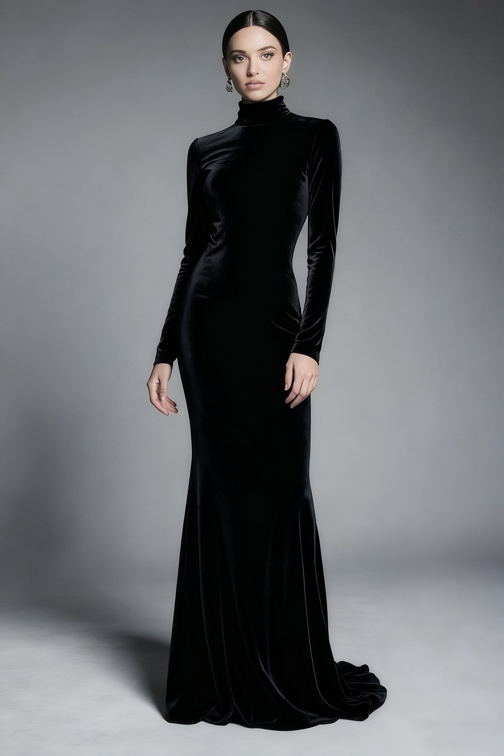Black Velvet High Neck Sweep Train Formal Dress with Sleeves