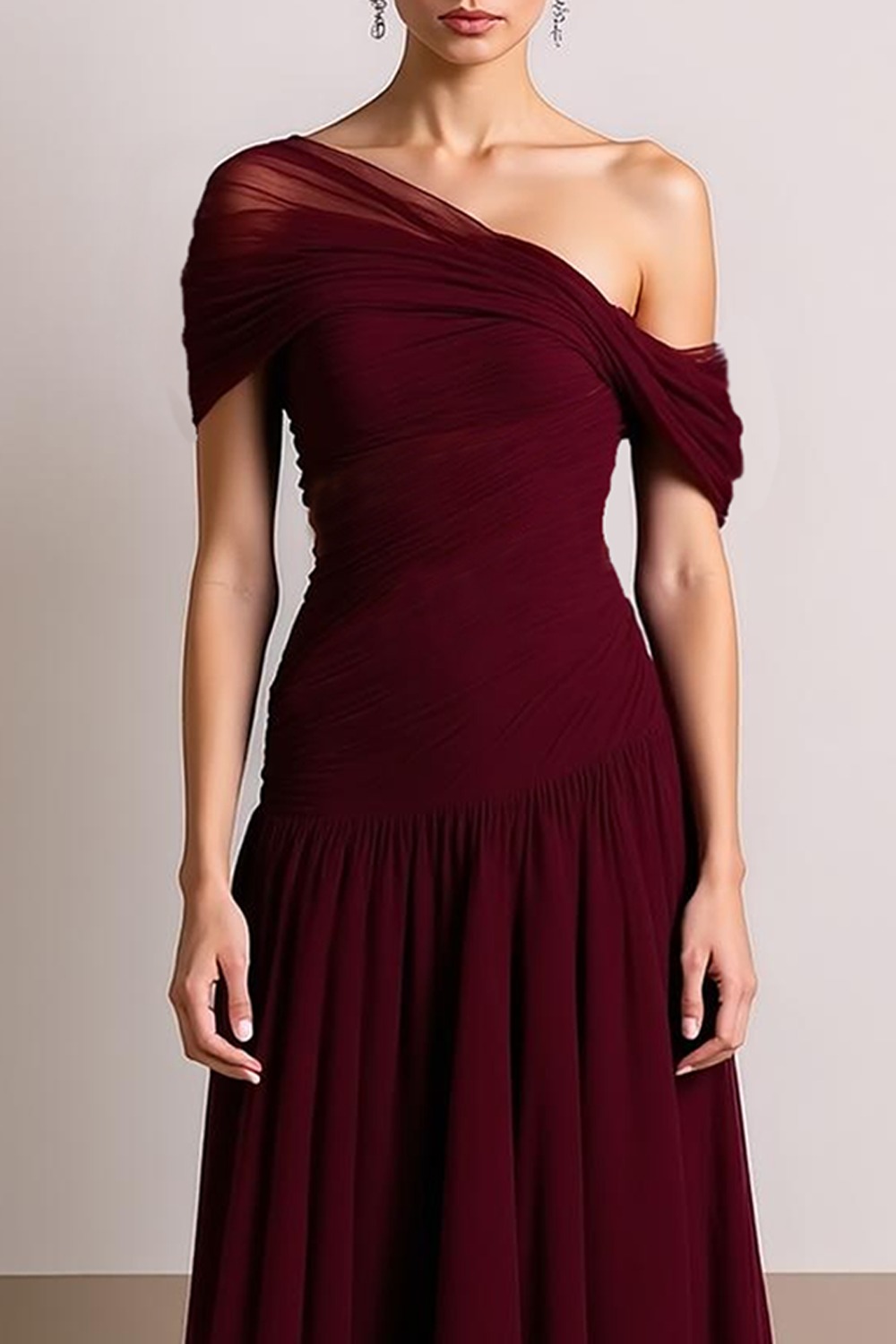 Formal Dress Pleated Dress Cabernet Off the Shoulder Maxi Dress