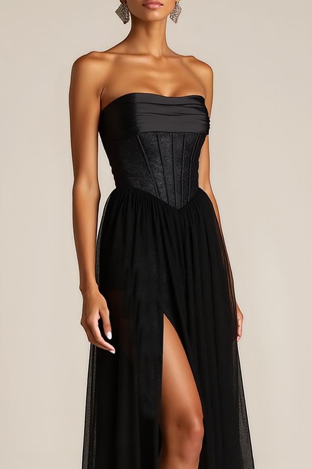 Evening Formal Dress Black Strapless Corset Slit Maxi Dress