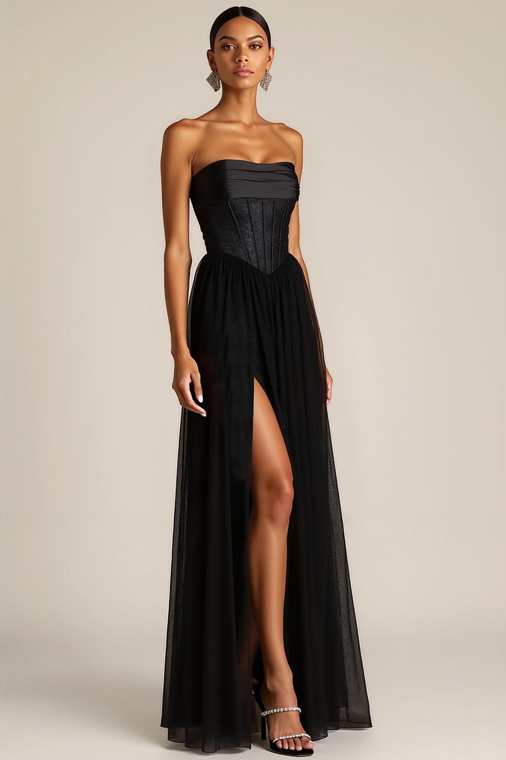 Evening Formal Dress Black Strapless Corset Slit Maxi Dress