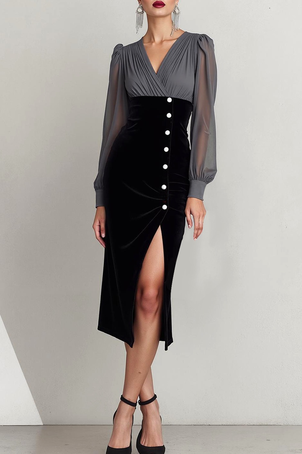 Formal Dress Grey V-Neck Long Sleeve Chiffon Midi Dress with Slit
