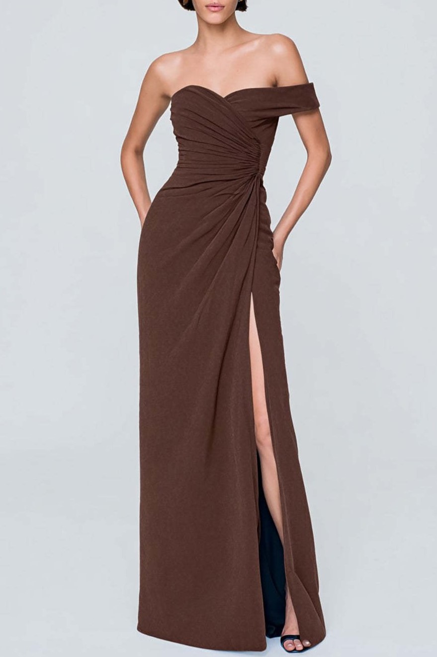 Coffee Long Asymmetrical Neck Ruched Formal Dress with Slit