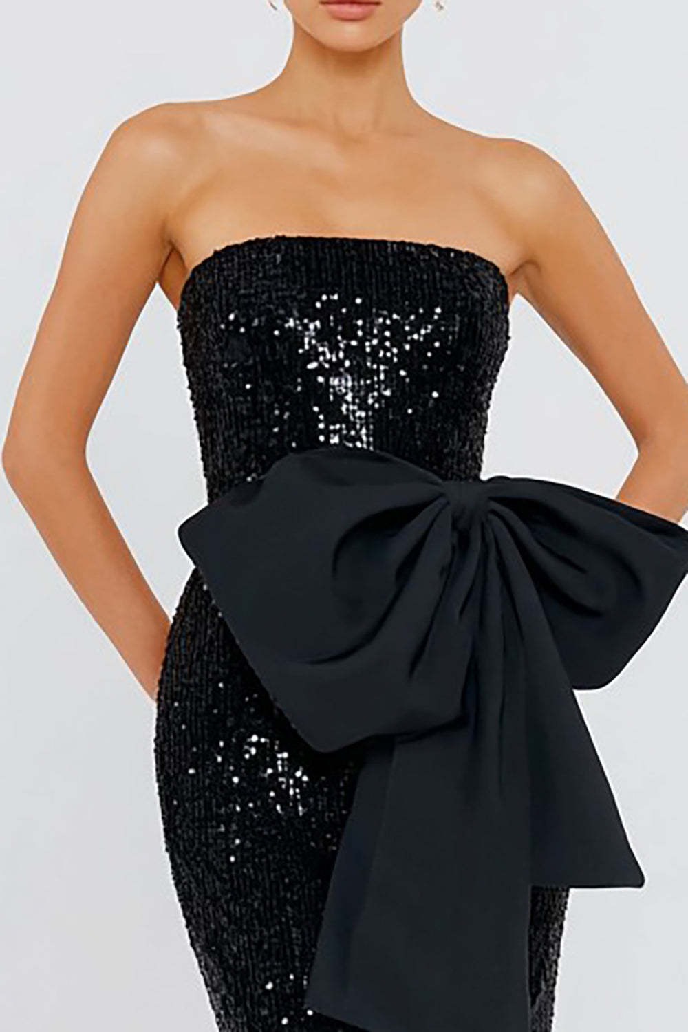 Sparkly Black Sequin Mermaid Strapless Long Formal Dress with Bow