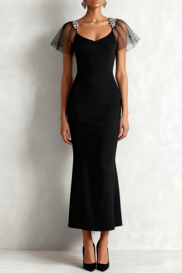 Black Formal Evening Dress Mermaid Ruffle Sleeve Maxi Dress