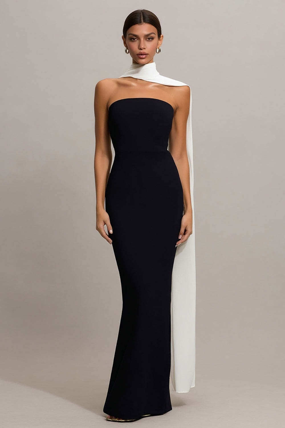 Black and White Neck Scarf Mermaid Maxi Formal Dress