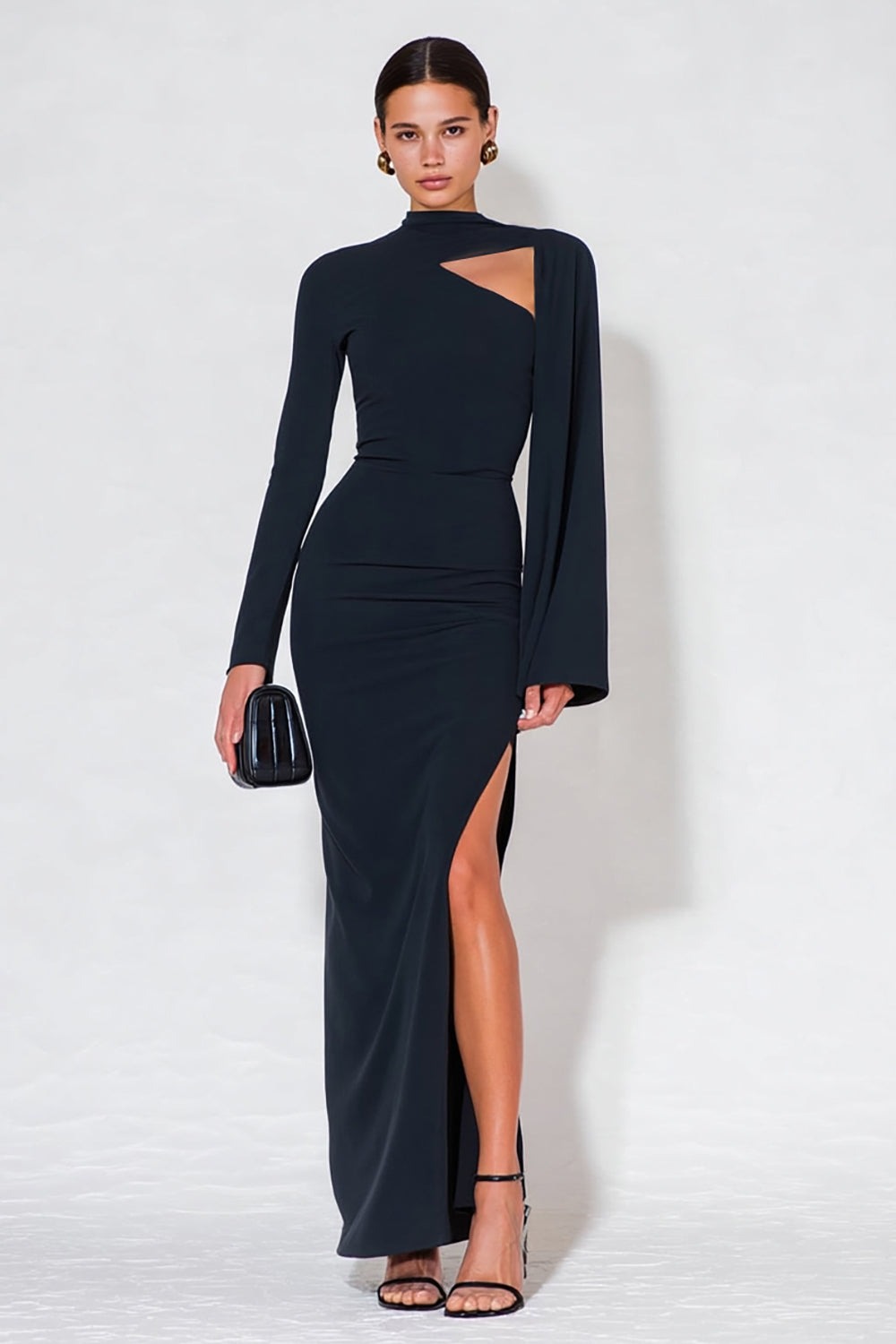 Black High Neck Ruched Long Sleeves Formal Dress with Slit