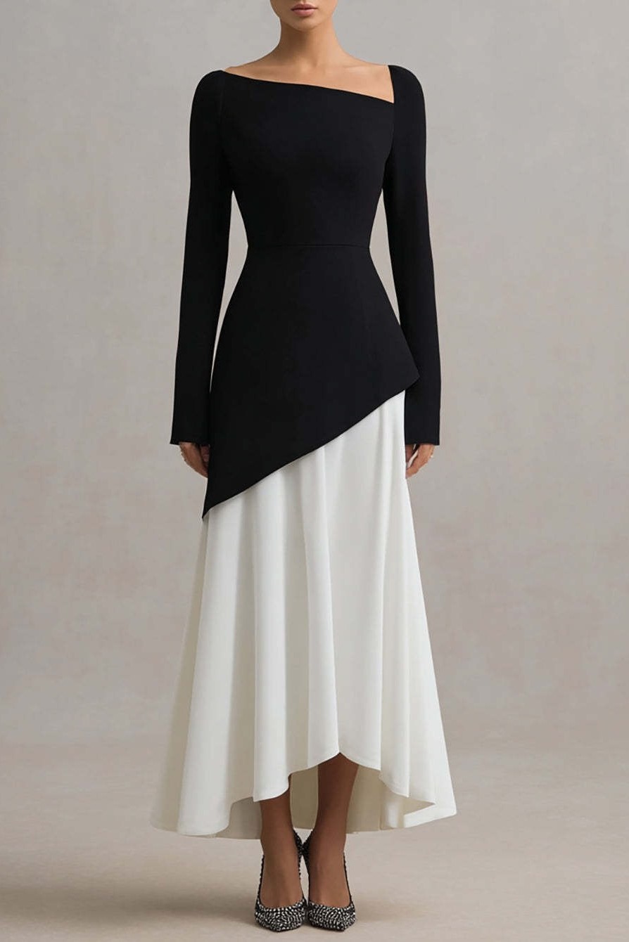 Black and White Asymmetrical Neck Sheath Long Sleeves Formal Dress