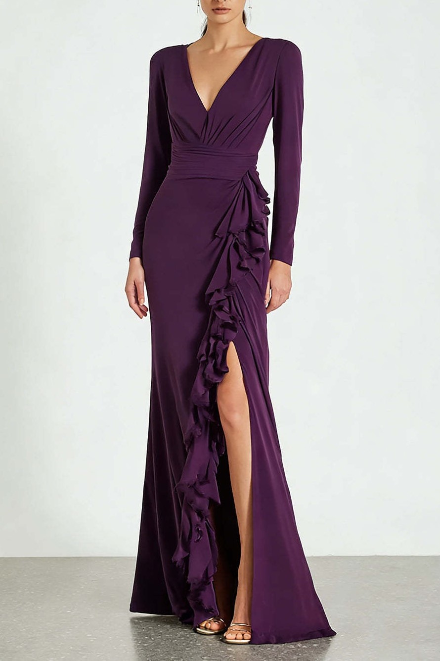 Plum Satin Ruffled V-Neck Long Sleeves Formal Dress with Slit