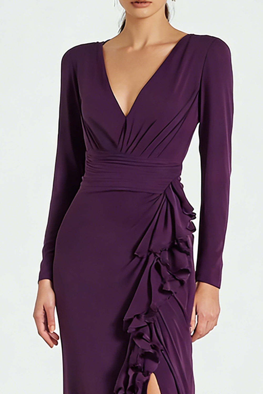Plum Satin Ruffled V-Neck Long Sleeves Formal Dress with Slit