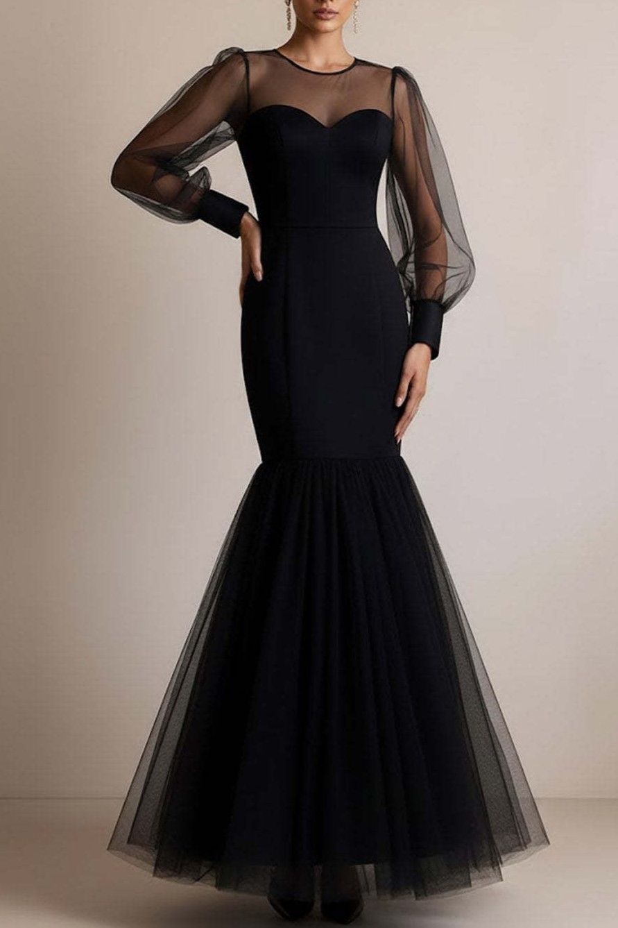 Black Illusion Neck Long Tulle Mermaid Formal Dress with Sleeves
