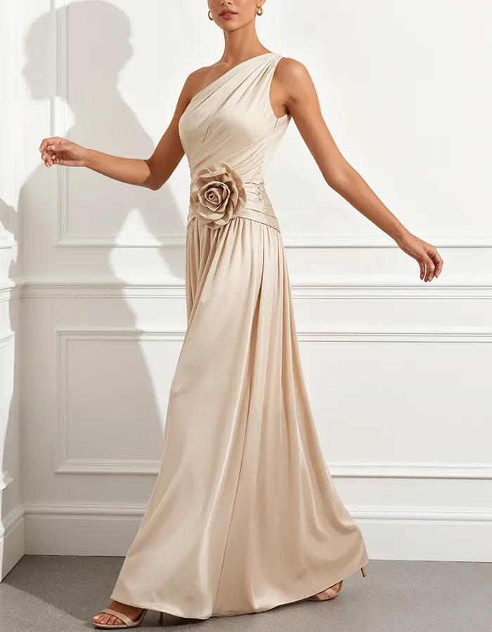 Champagne Satin One-Shoulder A-Line Maxi Dress
