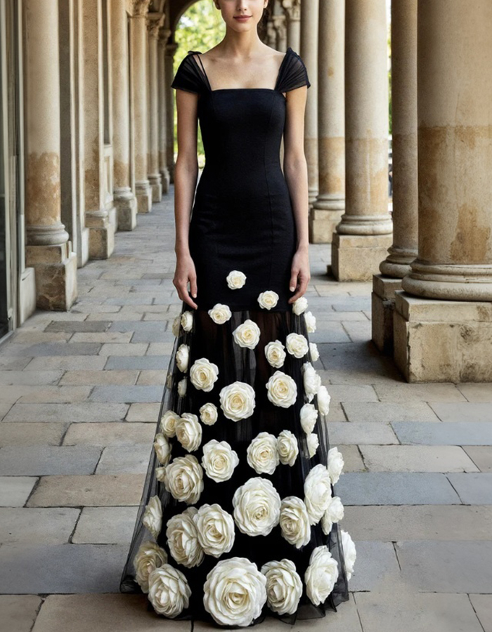 3D Floral Applique Satin and Tulle Maxi Dress