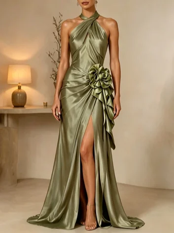 Army Green 3D Floral Satin Halter Neck Sleeveless A-Line Gown Dress