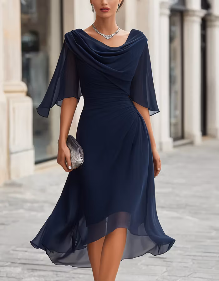 Navy Blue Chiffon Draped Ruffle Three Quarter Sleeves Maxi Dress