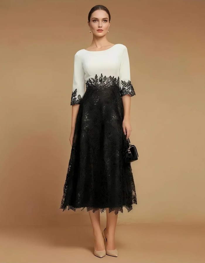 A-line Lace Colorblock Midi Dress