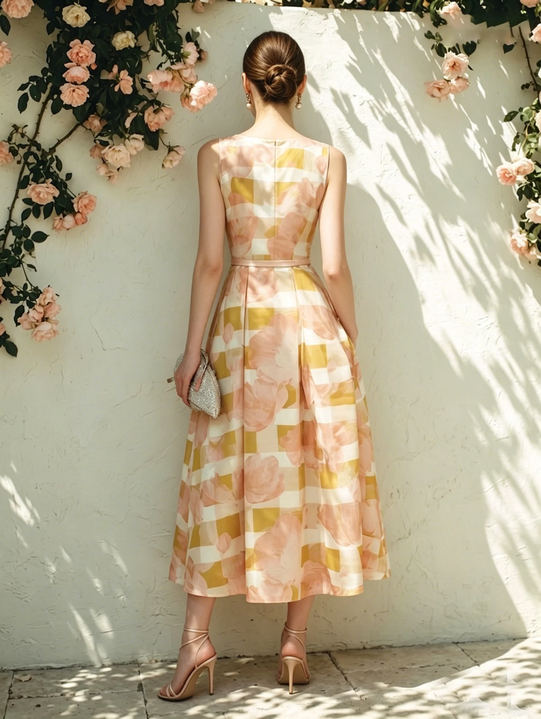 Yellow Floral Satin Boat Neck Sleeveless A-Line Midi Dress