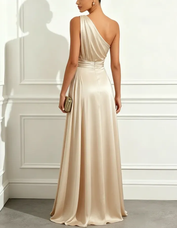 Champagne Satin One-Shoulder A-Line Maxi Dress