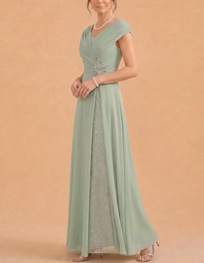 Sage Green V-Neck Beaded Waist Chiffon Maxi Dress