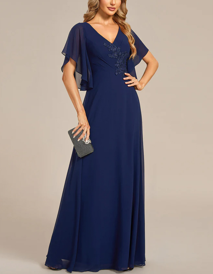 Navy Blue Chiffon V-Neck Flutter Sleeves Maxi Dress