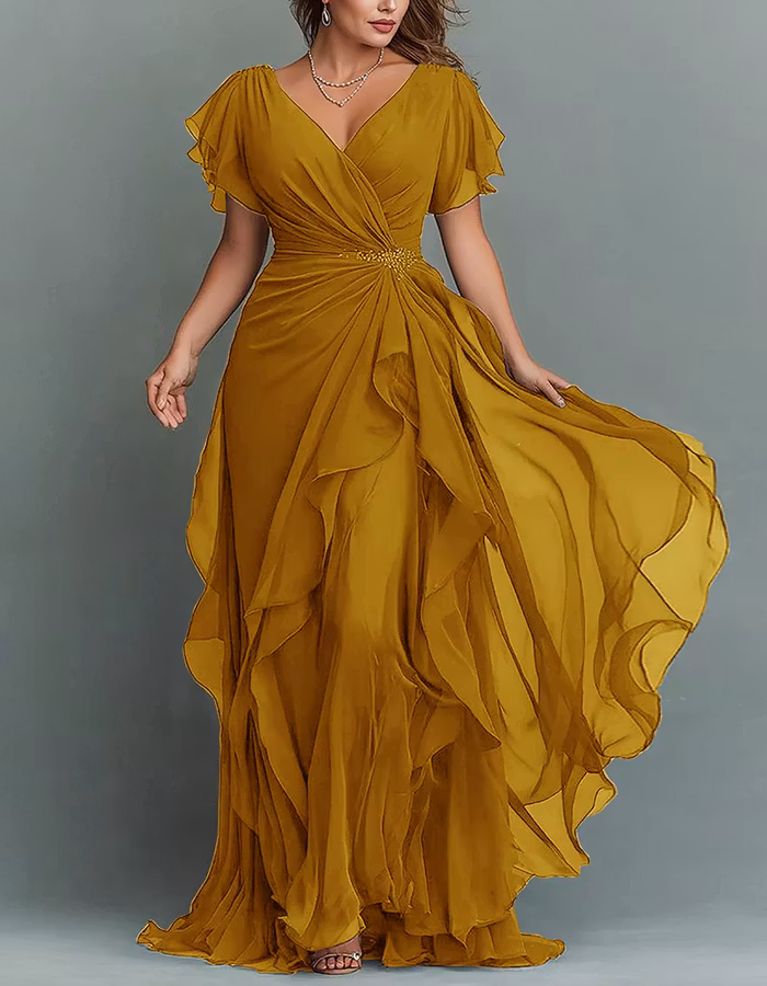 Solid Color V-neck Ruffled Chiffon Maxi Dress