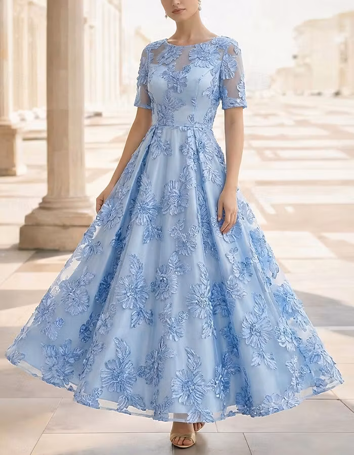 Sky Blue Round Neck 3D Floral Lace A-Line Ankle-length Dress