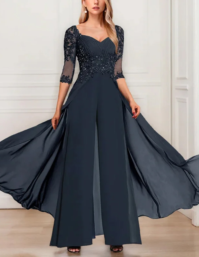 Solid Color Chiffon V-Neck Half Sleeve Mother of the Bride Jumpsuit