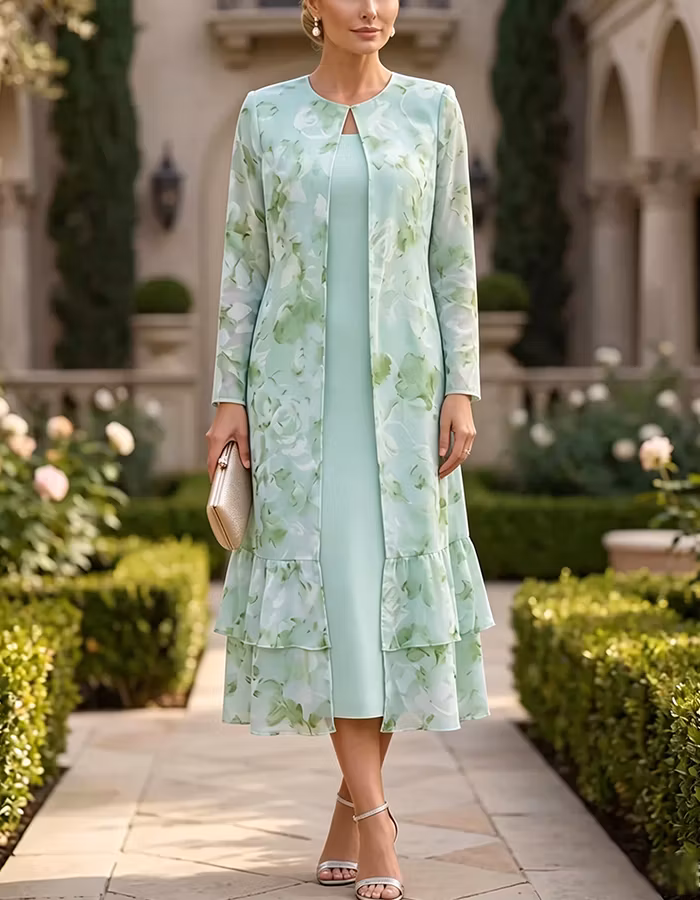 Mint Green Floral Chiffon Jacket Two-Piece Suit