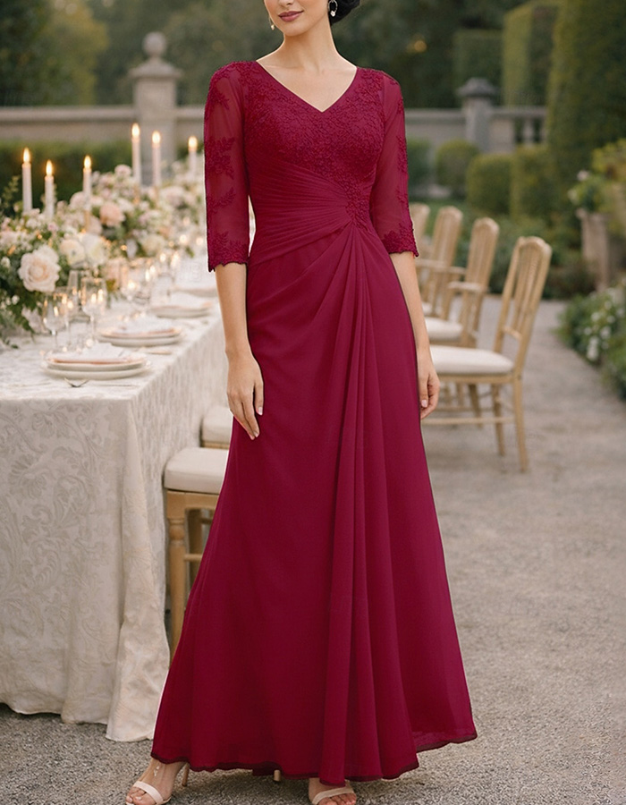 Champagne Lace Chiffon V-Neck Maxi Dress