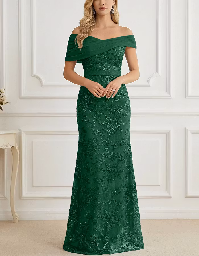 Off-the-Shoulder Chiffon & Sequin Mesh Maxi Dress