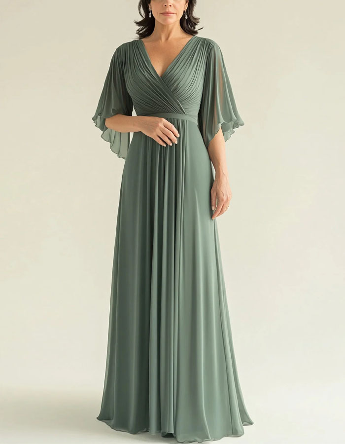 Grey Green Chiffon V-Neck Flutter Sleeves Maxi Dress