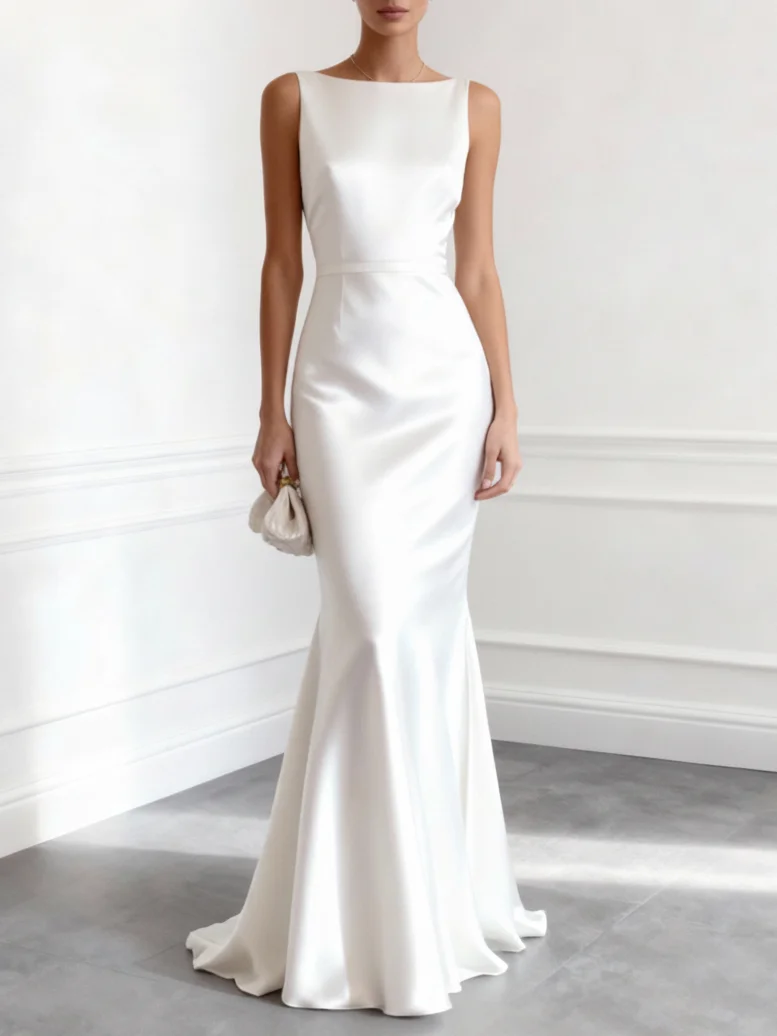 White Boat Neck Sleeveless Ruffled Backless Gown Bridal/Wedding Dress