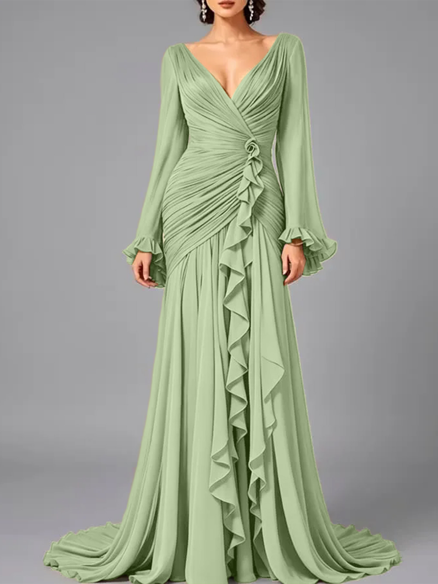 V-Neck Sheer Long Sleeve Ruffled Chiffon Dress