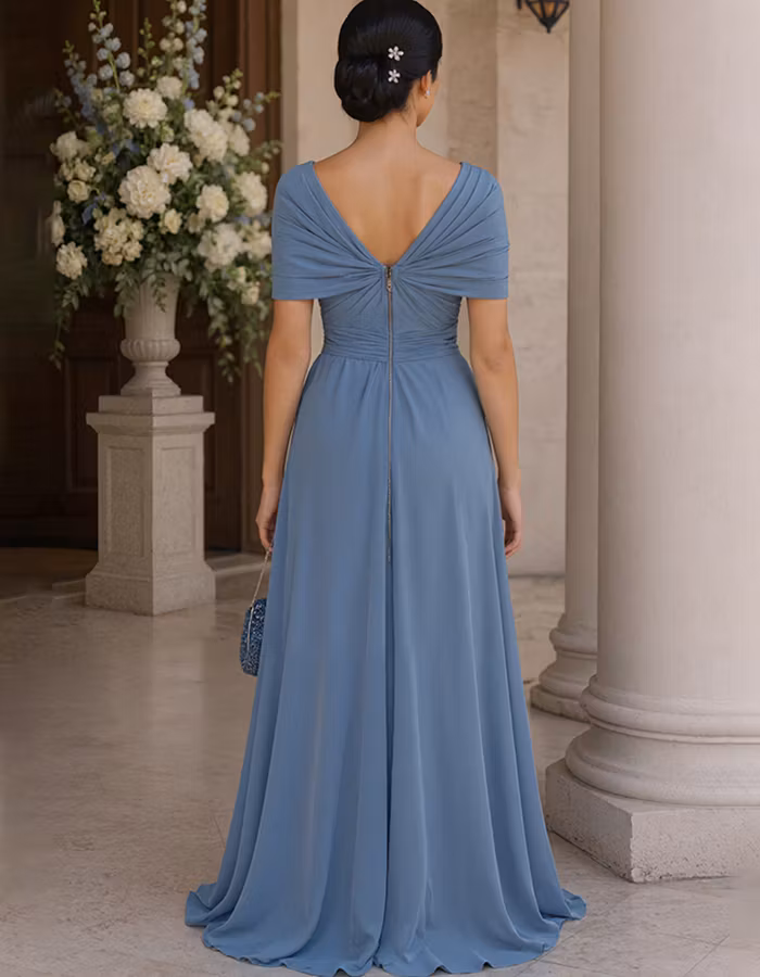 Dusty Blue V-Neck Capelet Chiffon Maxi Dress