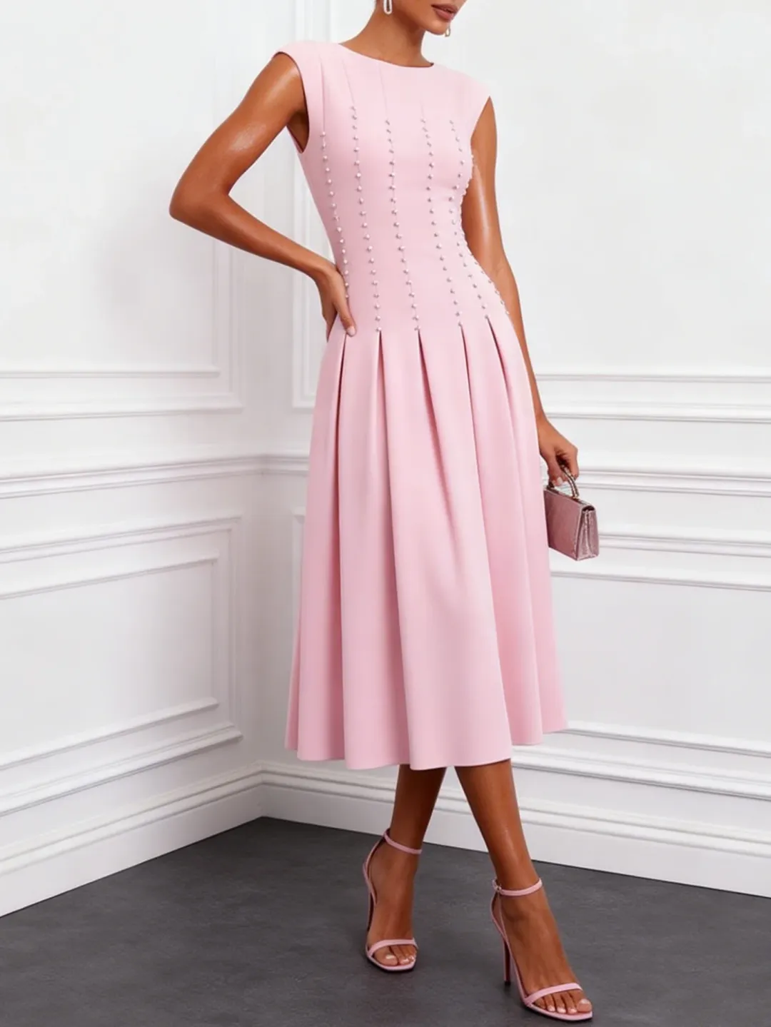 Faux Pearl Crew Neck Cap Sleeve A-Line Midi Dress