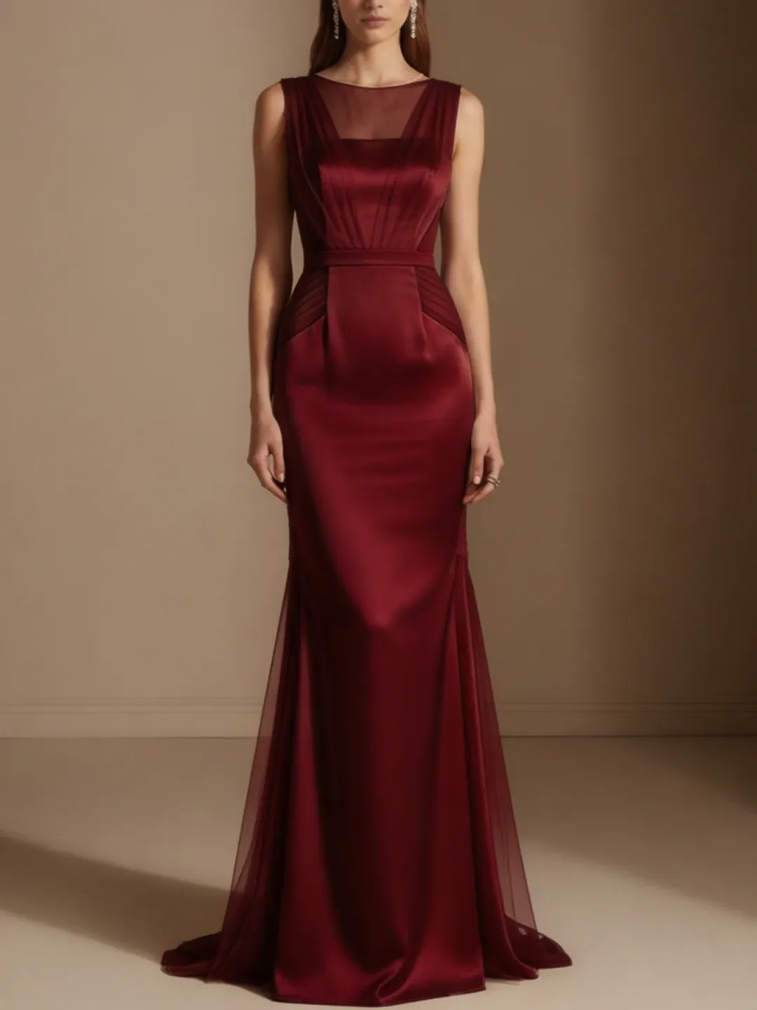 Burgundy Mesh Satin Crew Neck Sleeveless Mermaid Gown Dress