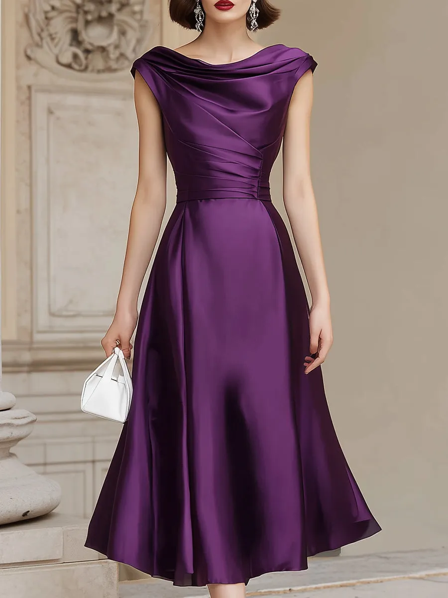 Folded Off-Shoulder Satin A-Line Midi Dress
