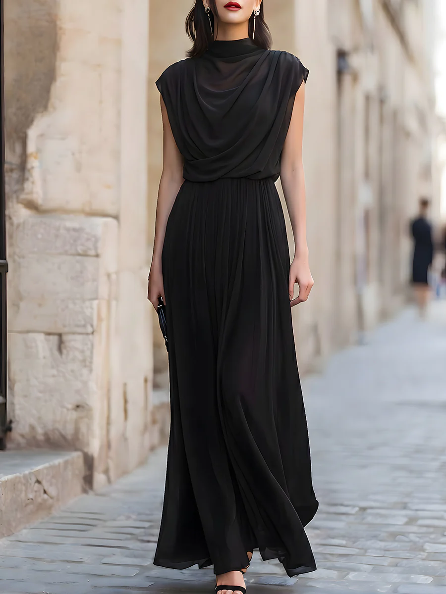 Draped Mock Neck Pleated Maxi Dress
