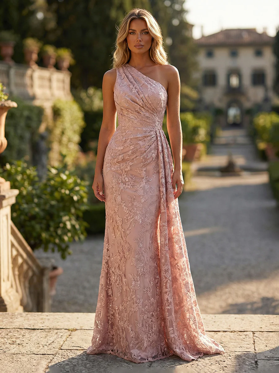 Floral Lace Embroidered One Shoulder Ruched Waist Side Train Maxi Dress