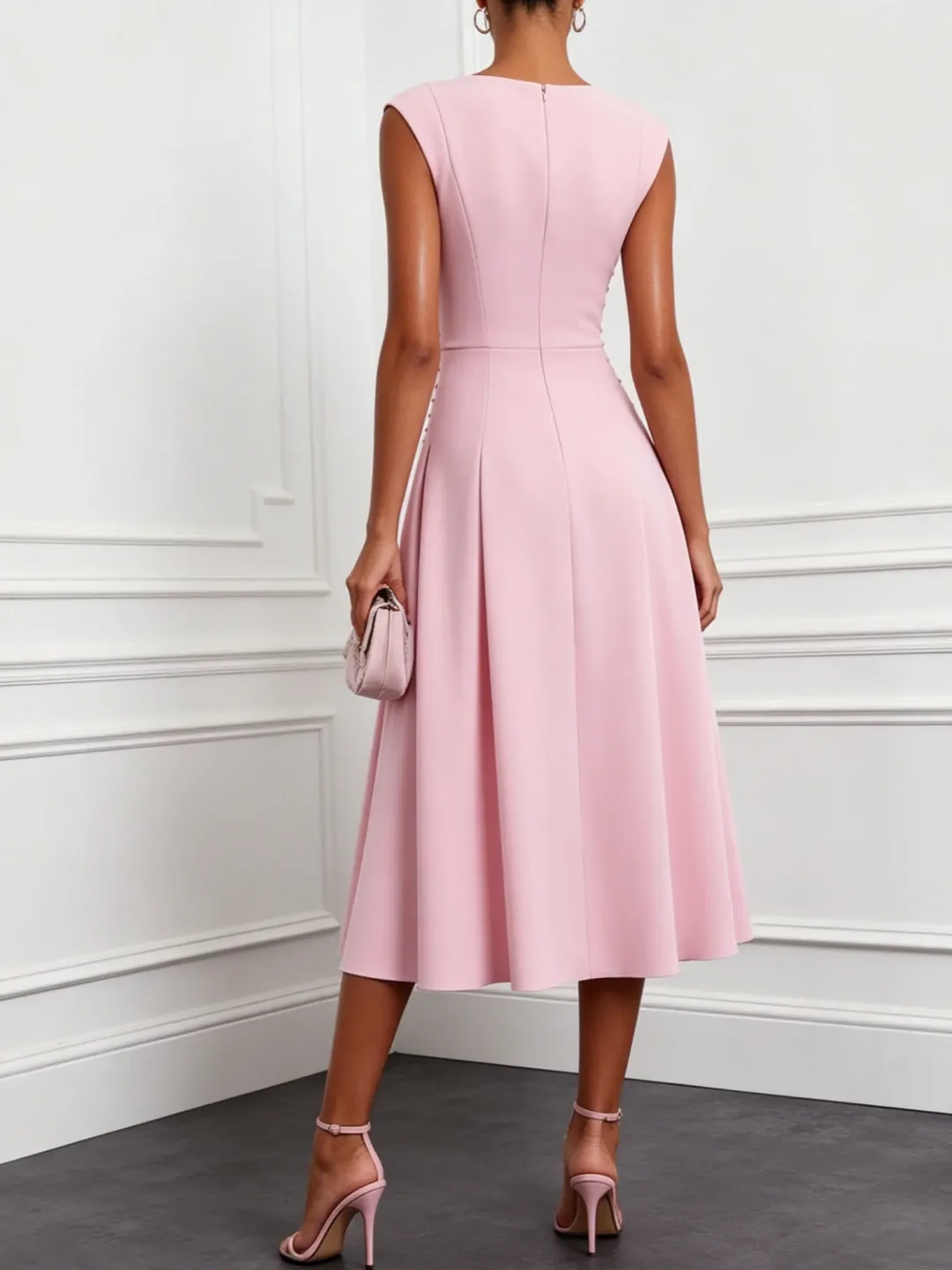 Faux Pearl Crew Neck Cap Sleeve A-Line Midi Dress