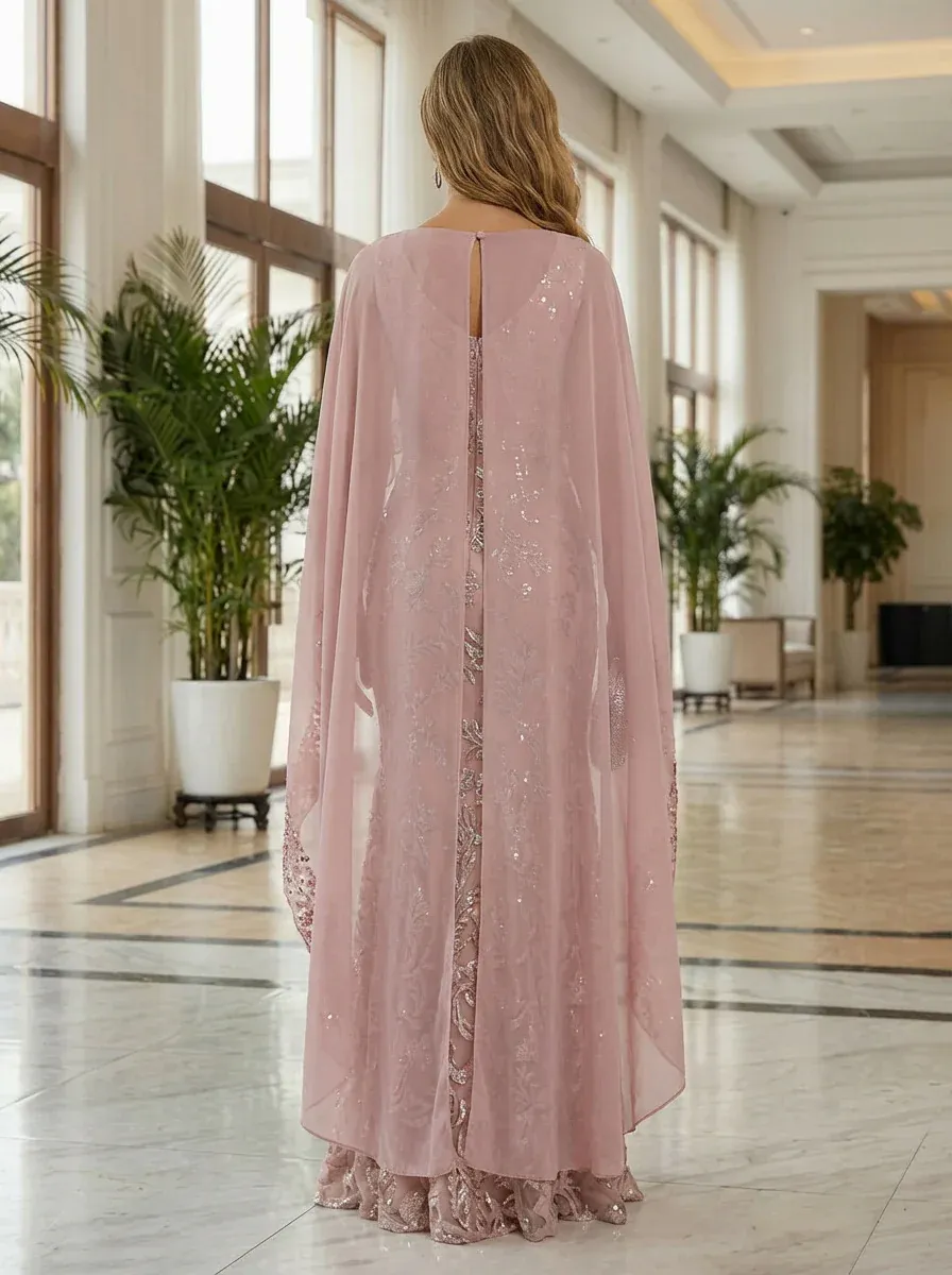 Sheath Chiffon Cape Sleeves Sequin Embellished Lace Maxi Dress