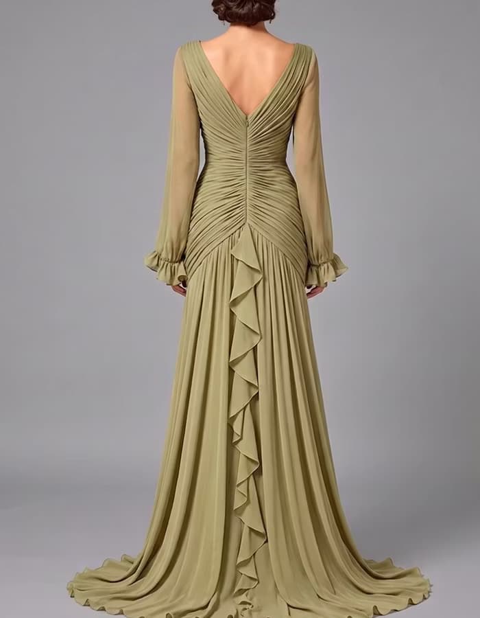 Olive Green V-Neck Sheer Long Sleeve Ruffled Chiffon Dress