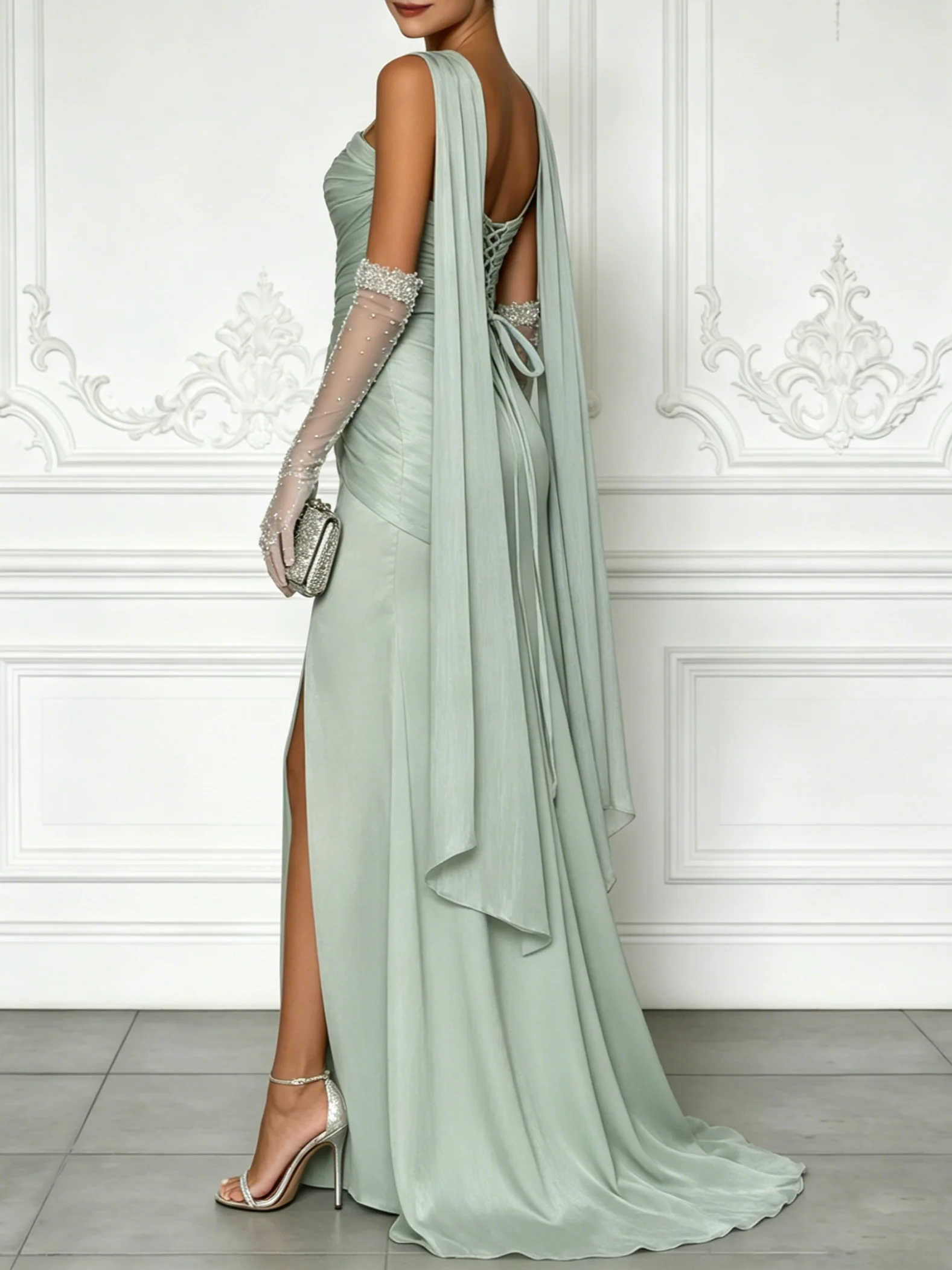 Green Sweetheart Draped Flower High Slit Maxi Dress