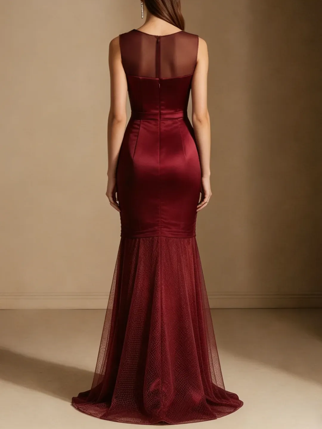 Burgundy Mesh Satin Crew Neck Sleeveless Mermaid Gown Dress